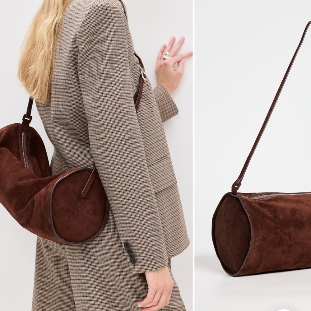 STAUD Taru suede brown large cylinder shoulder crossbody bag - Picture 2 of 9